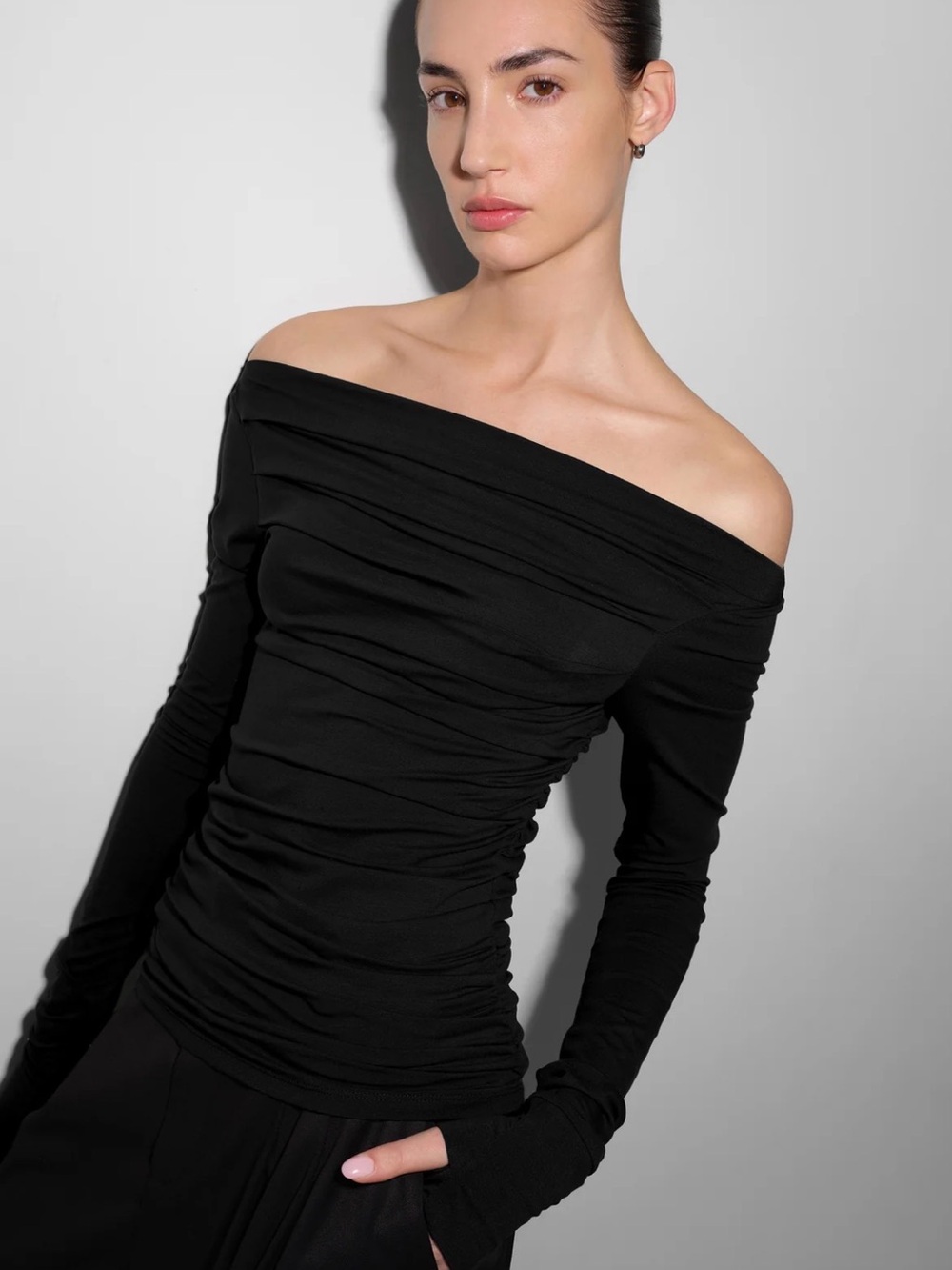 Marcella LARGE Cooper off shoulder long sleeve ruched top in black